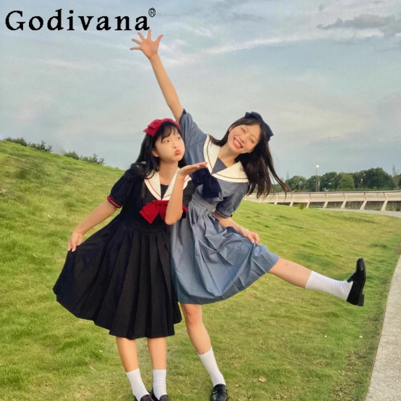 

Summer New Sweet Bow JK Sailor Collar Age-reducing Dresses Cute Girl High Waist A-line Versatile Short-sleeved Japanese Dress