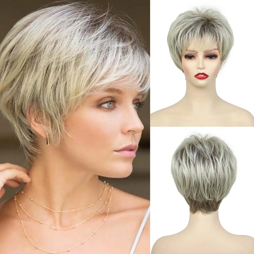

Синтетические женские короткие светло-русые смешанные коричневые парики с челкой для женщин, прическа с стрижкой пикси, повседневная одежда, реалистичные парики