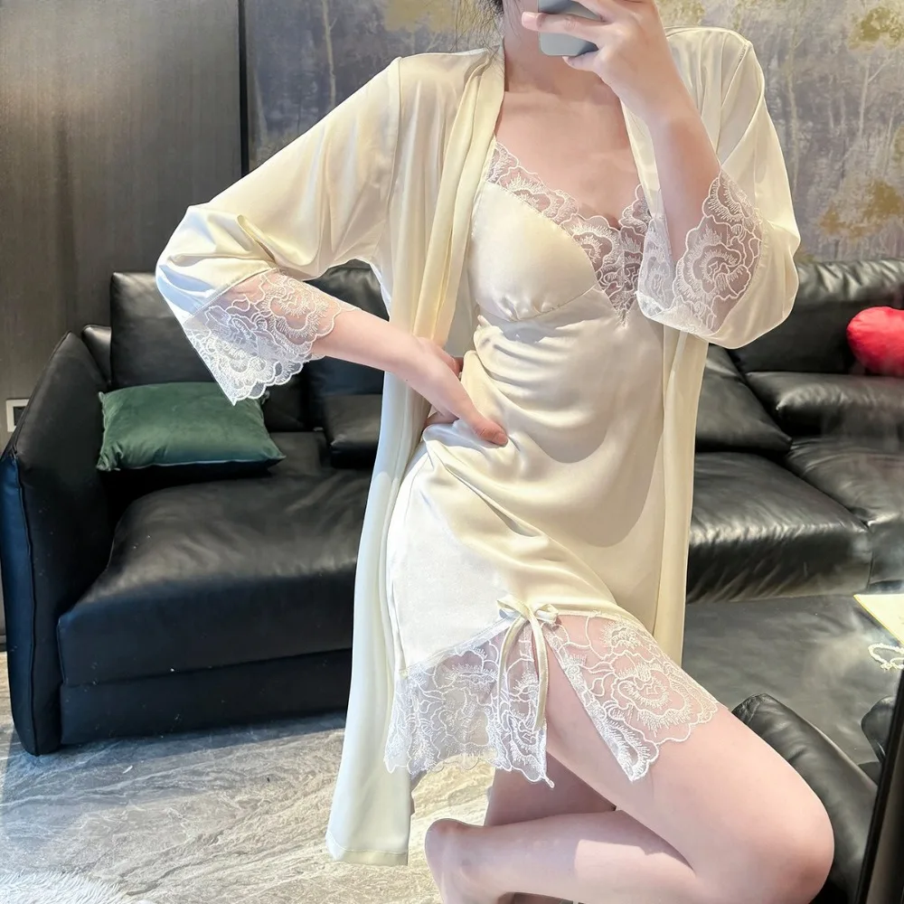

Sling Ice Silk Nightgown Two-piece Set Spring and Summer Pure Desire Style with Chest Pad Pajamas Set Women's Home Clothes