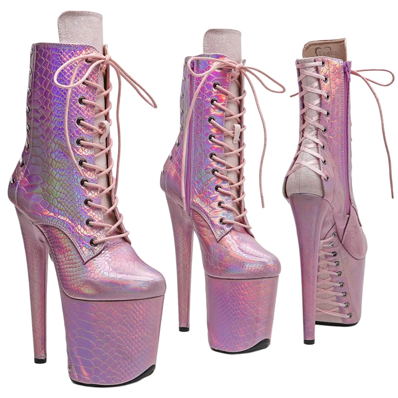 

Leecabe/20 см/8 дюймов, голографическая змеиная смесь, блестящие модные трендовые ботинки для стриптиза на высоком каблуке и платформе, вечерние ботинки для танцев на пилоне