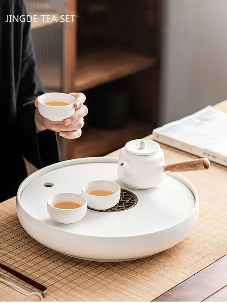 

Chinese Ceramic Tea Tray Household Round Water Storage Type Tray High-grade Tea Set Storage Living Room Trays Decorative