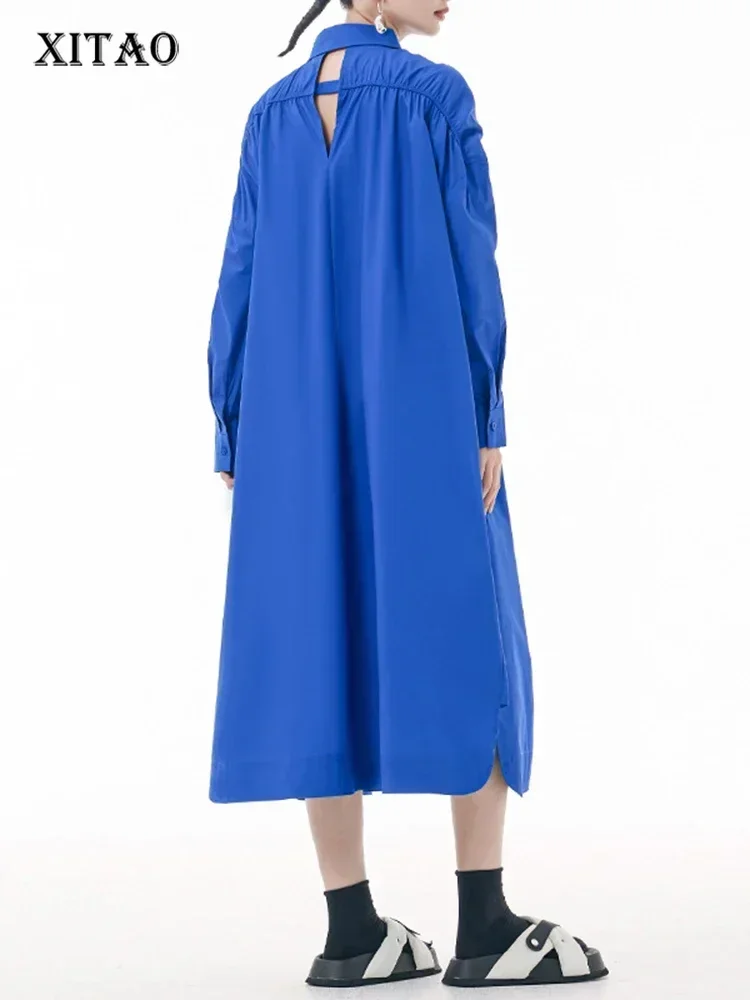 XITAO Casual Hemd Kleid Aushöhlen Falten Lange Hülse Drehen-unten Kragen Frauen Einfarbig Herbst Einfachheit Neue DMJ2729