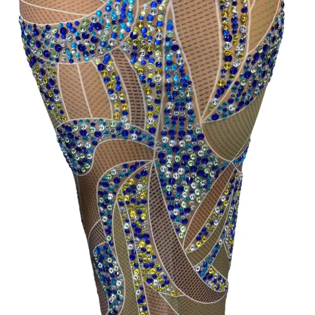 Birthday Party Sexy Women Couture Sparkling Crystal See Through Mesh Elegant Prom Dresses Tight Fitting Rhinestone Gown Luoye