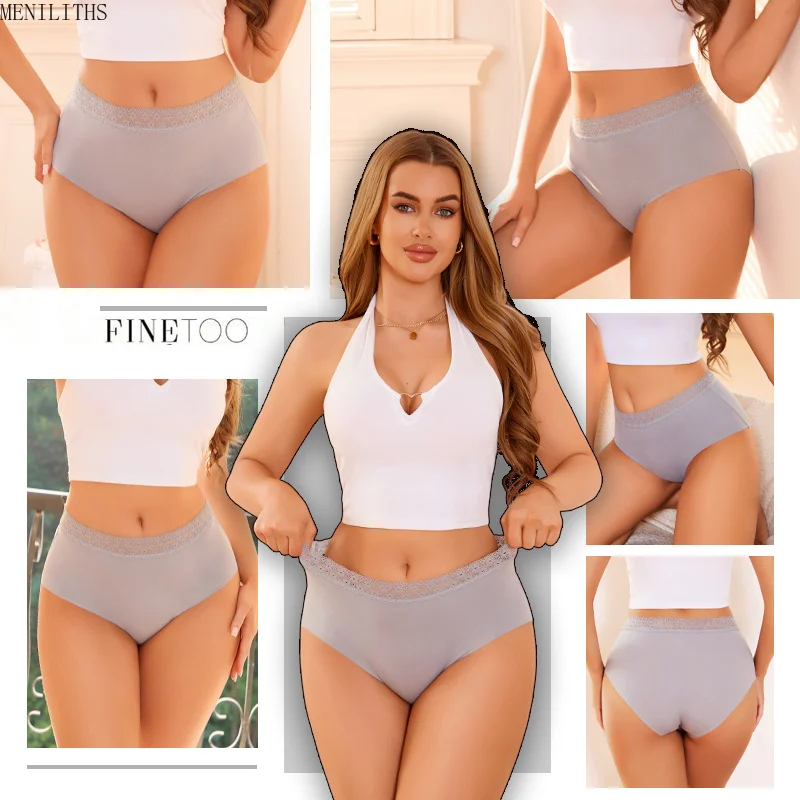 4Pcs/Set S-XXL Ice Silk High Waist Panties For Women Seamless Solid Color Lace Waistband Briefs Traceless Panty Summer Underwear