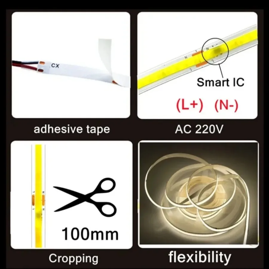 1-5m Cob Led Strip Licht 220v 230V AC 240LED/m Flexibele Tape Verlichting met Gelijkrichter Geen Stroom Vereist Lineaire Verlichting 2024 Nieuwe