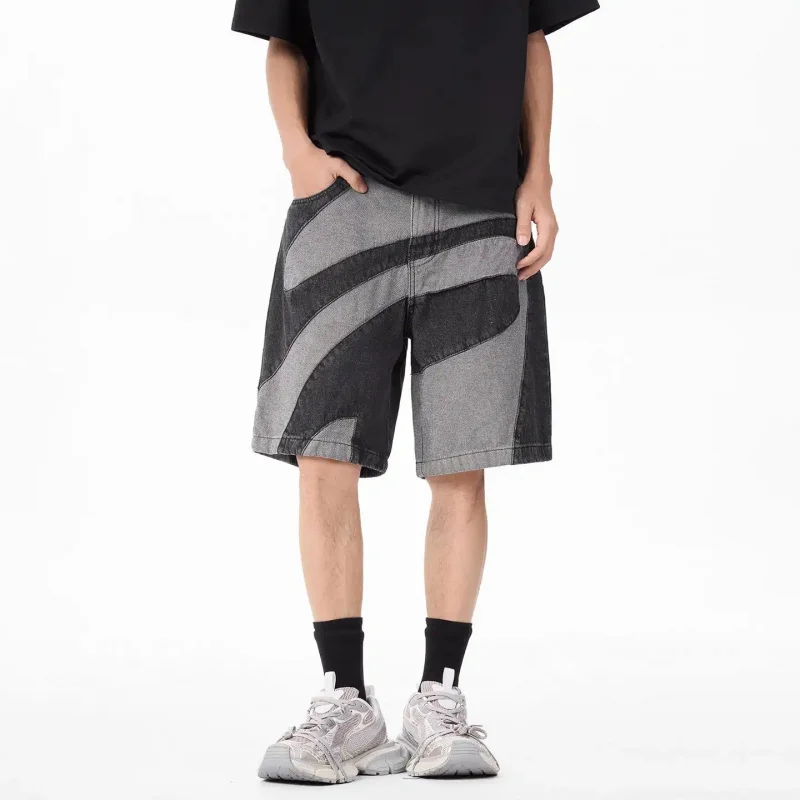 

Мужские джинсовые шорты с волнообразным узором, лето 2026, уличный стиль, свободный прямой крой, американский ретро-винтаж, длина до колена