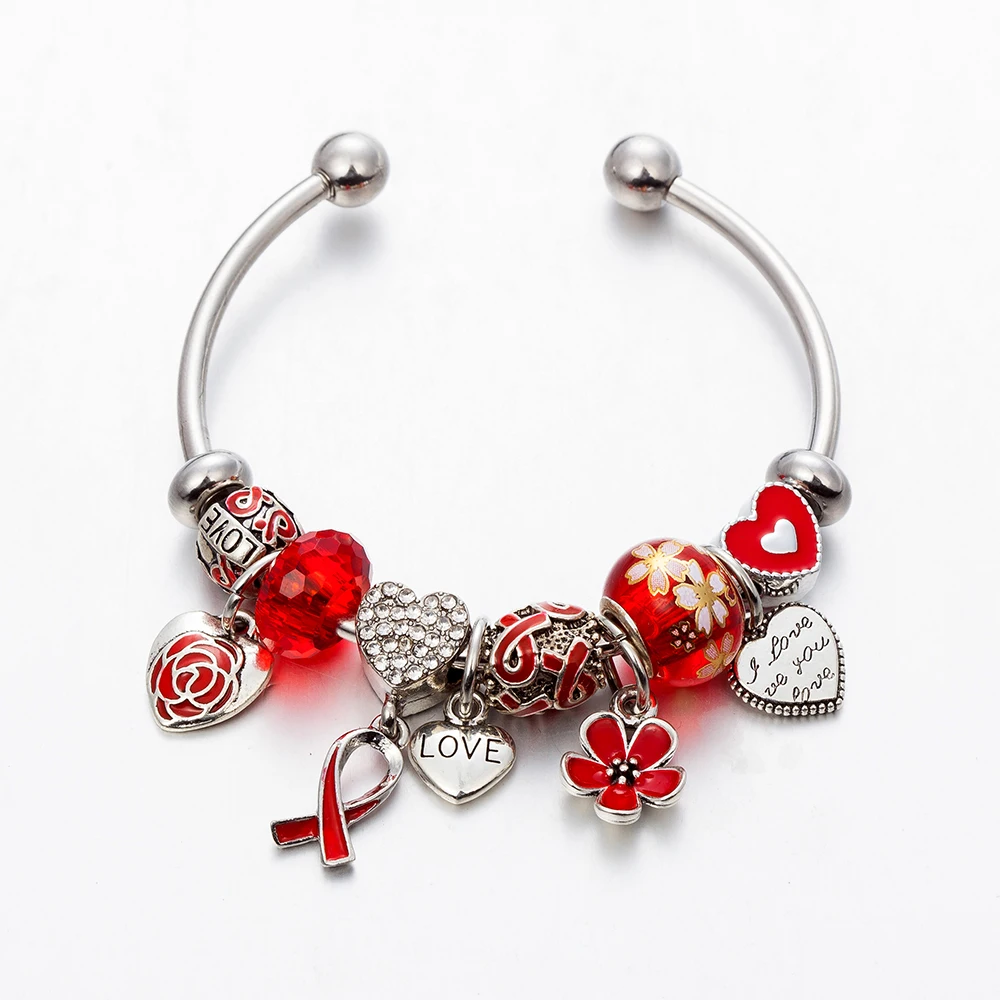 ANNAPAER New Design Fashio Stainless Steel Bangle Jewelry Red Flower Heart Beaded Charms Bracelet Special Offer Gift For Women