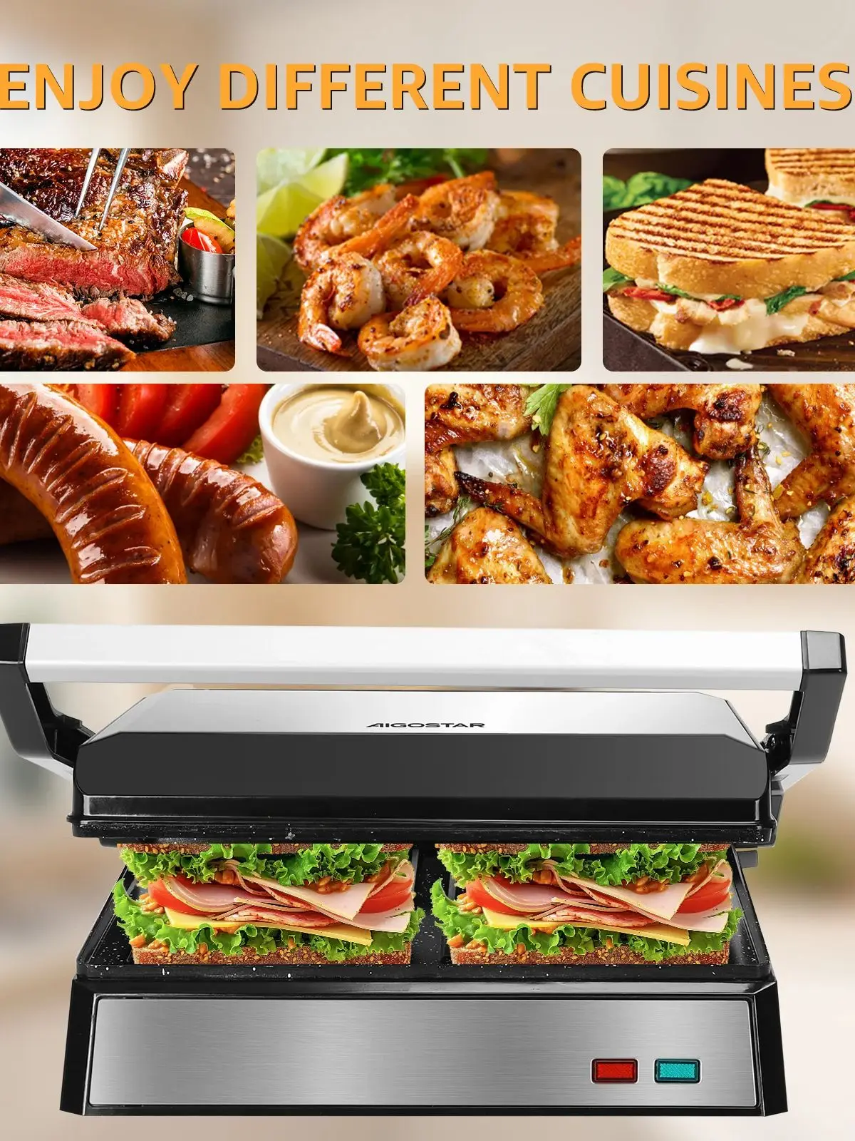 Aigostar Hett Pro Panini Maker/plaque grille-pain, revêtement antiadhésif en pierre écologique, plateau à graisse, presse à sandwich, poêle à gril électrique, 1500