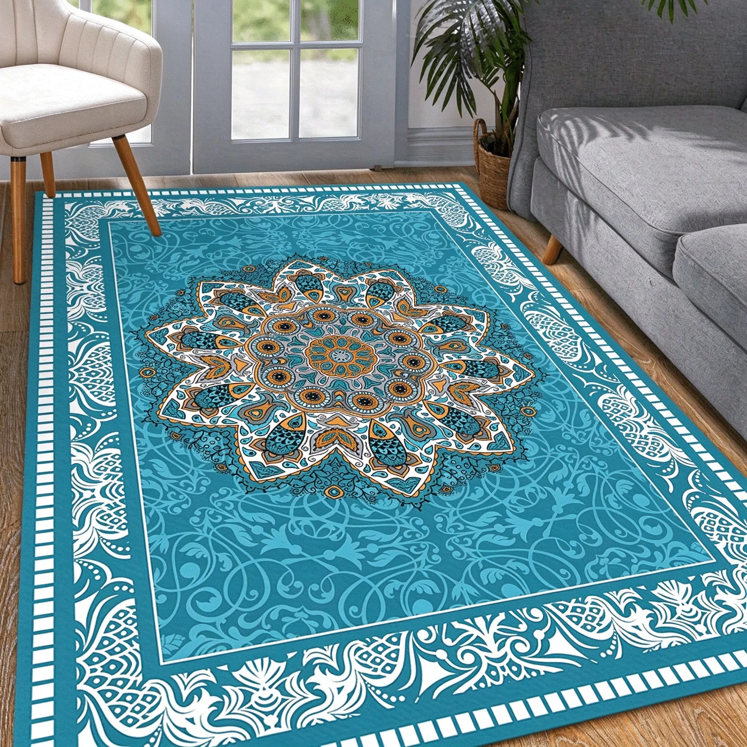 [2D Flat]Large Area Rug with Fresh Blue-Green Mandala Centerpiece – Bohemian-Style Rug Featuring Ornate Floral Patterns – Indoor Home Decor for Living Room and Bedroom