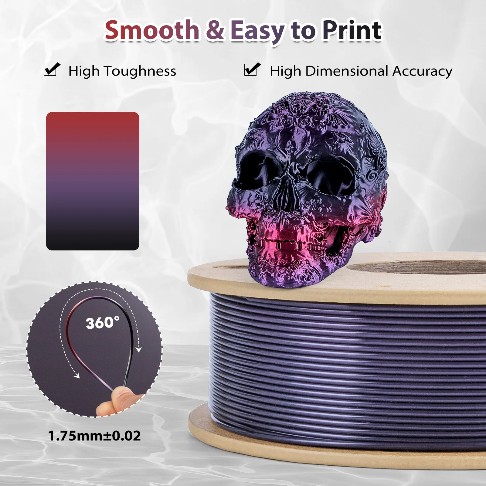 250g خيط PLA حريري قوس قزح 1.75 مم - خيط PLA لامع متدرج لطابعات 3D - متوافق مع معظم الطابعات (أسود/أحمر/بنفسجي) #4