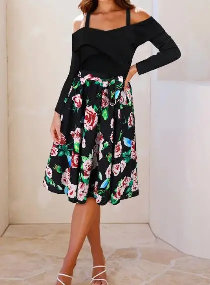 2025 Autunno Nuovo Slim Elegante a maniche lunghe con spalle scoperte Fiore Abito a trapezio con abito a maniche lunghe con giunture in colore a contrasto