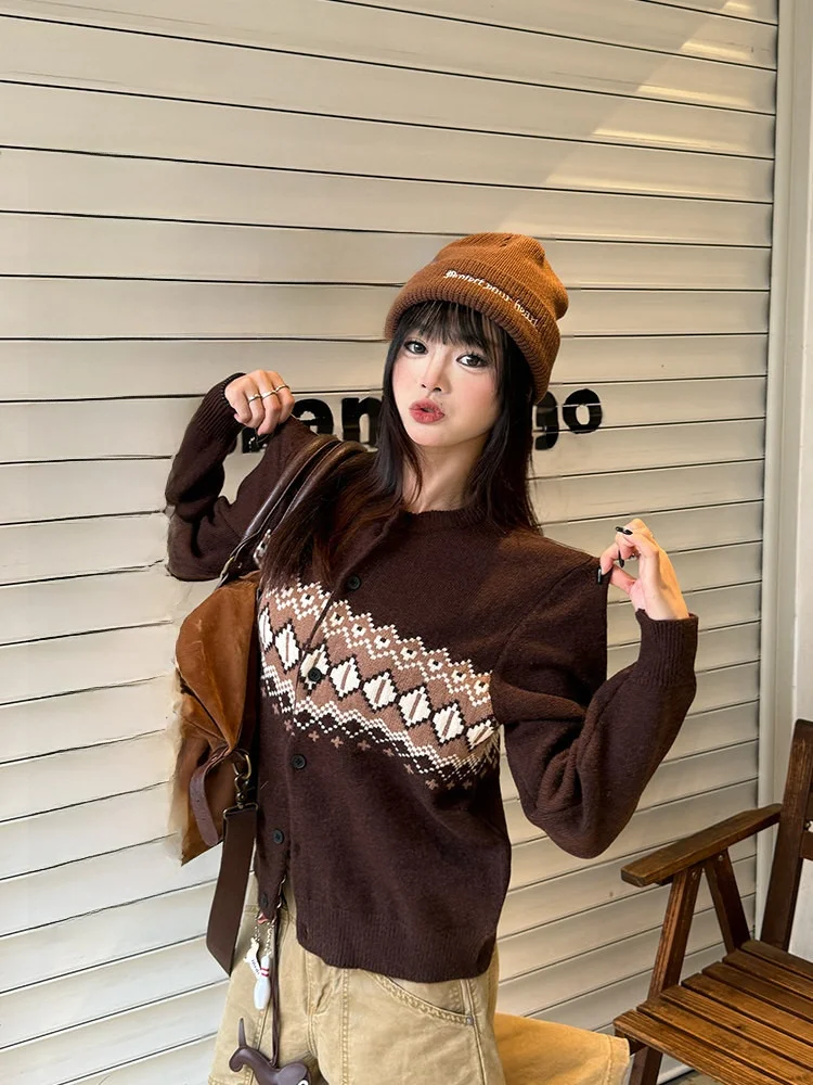 

American Sle Fair Isle Knitted Sweater Coat Women's Autumn Winter INS High nce Versatile Top round Ne Button Clo...