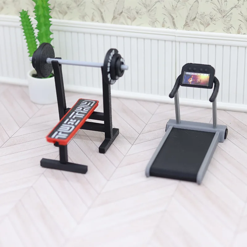 1:12 Dollhouse Gym Equipment Set Treadmill Weight Bench Barbell Fitness Model Miniature Sports Scene Decoration Home Decor