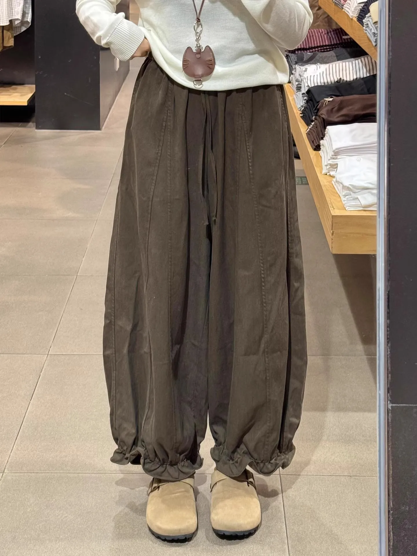 بنطال ذو قصة أرجل واسعة شريط مرن للمرأة الخريف ذات الطابقين منتظم صالح الجرونج المرقعة سروال قصير فحص محبوك سيدة النطاقات