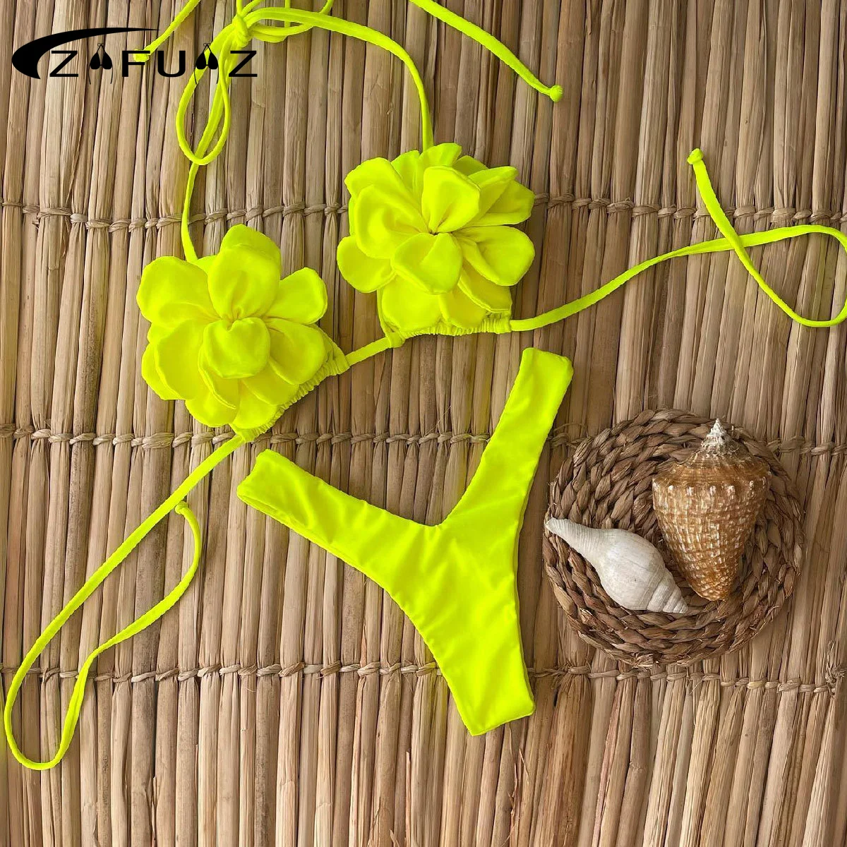 ZAFUAZ 3D Flower Bikini Halter Neck Swimwear Luxury Designer Sexy Women's Bathingsuit Beachwear 2024 Female Swimwear Bodysuit