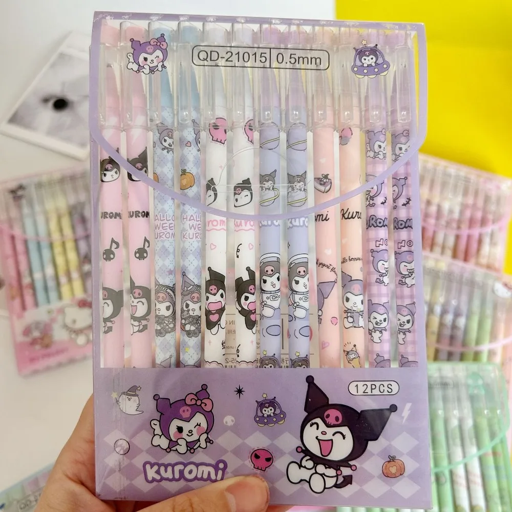 

12pcs/box Anime Hello Kitty Kuromi Cartoon Originality Erasable Black Neutral Pen Pupil Study Stationery Work Articles for Use