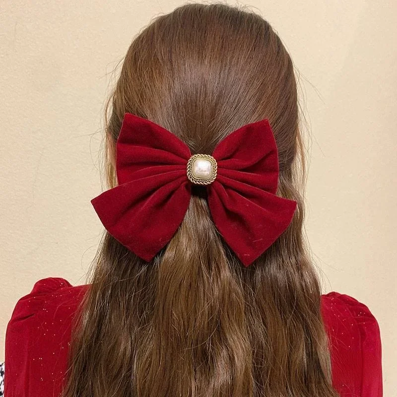 

Red Large Pearl Bow Knot Hairpin 2023 New Korea Elegant Charm Headwear Alligator Clip Christmas Gift Hair Accessories for Women