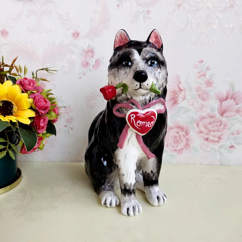 Ceramic Husky dog Figurines Home Decor Garden Ornament Crafts Room Wedding Decoration Gift Porcelain Animal statue