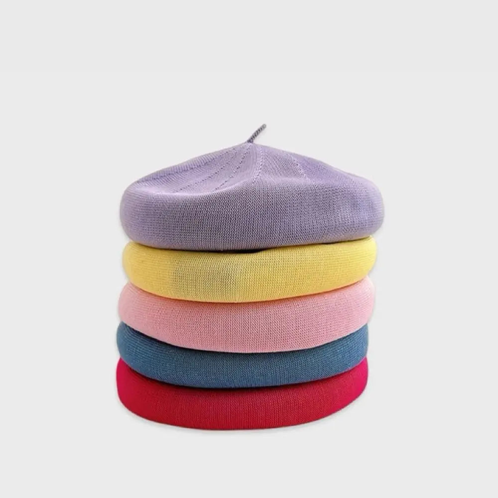 Simple Cotton Yarn Berets Hat for Women Knitted Solid Color Summer Beret Retro Breathable Dome Painter Hat for Spring and Summer