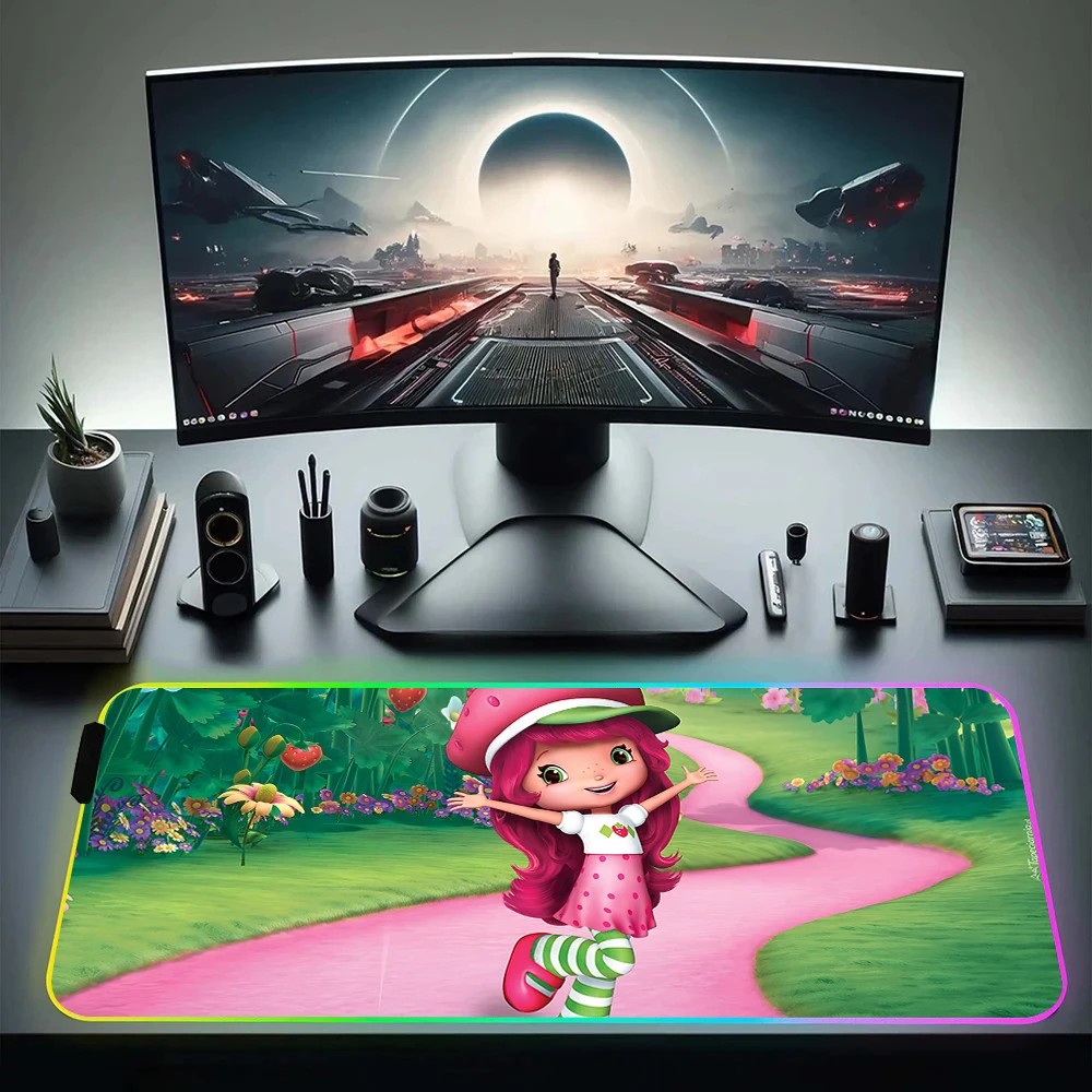 Strawberry-shortcake girl RGB Pc Gamer Keyboard Mouse Pad Mousepad LED Glowing Mouse Mats Rubber Gaming Computer Mausepad