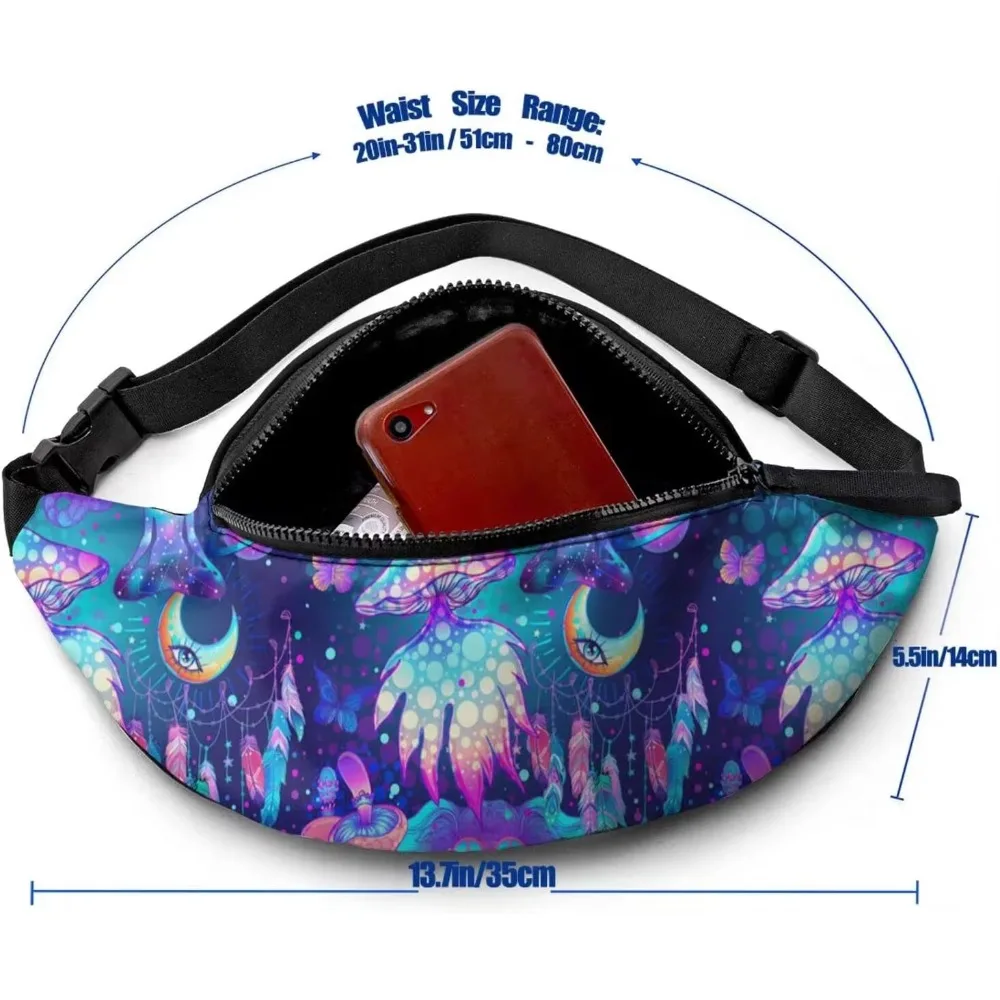 Magic Mushrooms Psychedelic Casual Fanny Waist Pack Adjustable Belt Waist Bag for Traveling Hiking Cycling Running Festival Rave