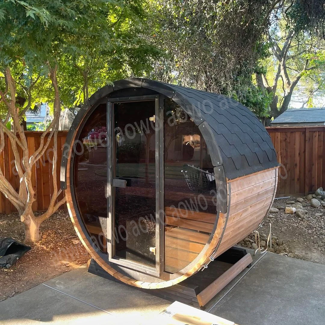 

Finnish Barrel Sauna Back Wooden Sauna Camping Wooden House Circular Seat Sauna And Steam Room Glass Door 12kw Harvia Stove