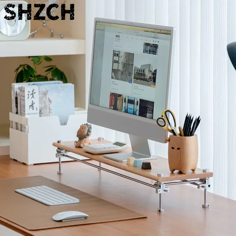 Cherry Wood Optical Shaft Monitor Riser Computer Desk Organizer Desktop Screen Stand Ergonomic Office Workspace Storage Holder
