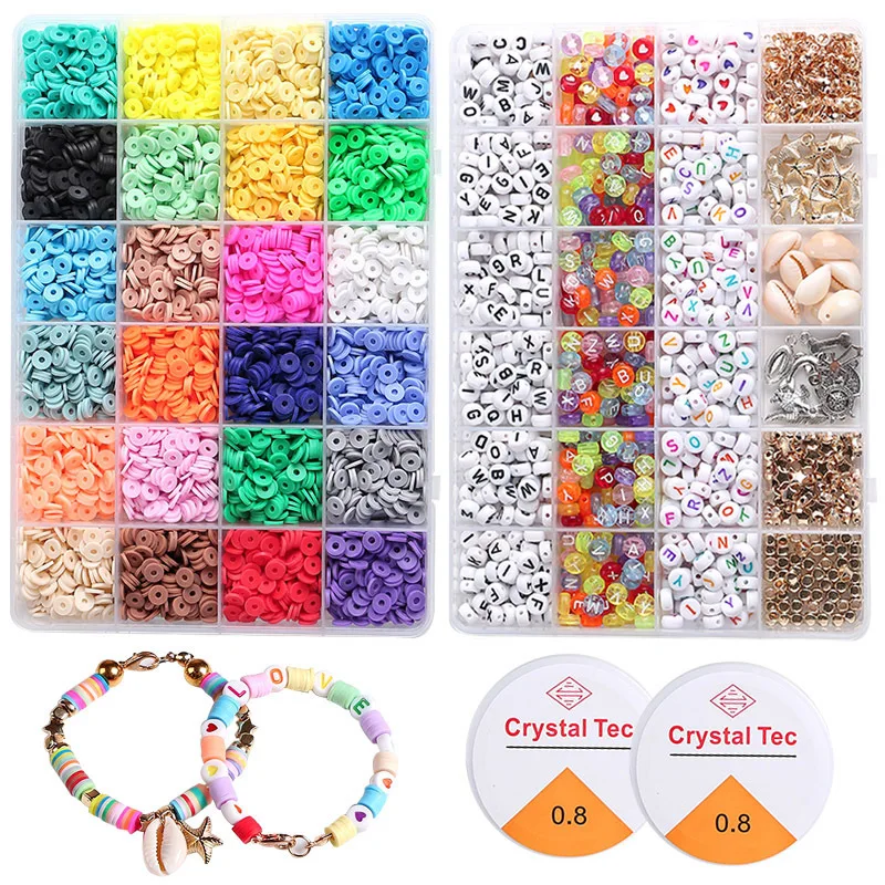 48 Grid Soft Pottery Clay Beads for Jewelry Making Kit 19 Colors Shells Alphabet Bead Tools for Making DIY Ring Bracelets Neckle