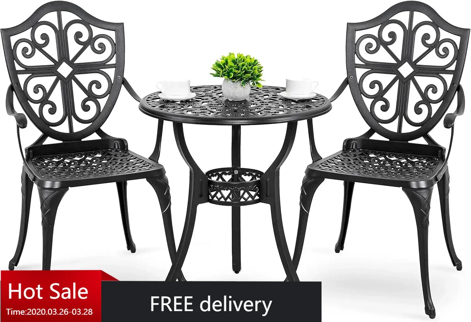 Bistro Set 3 Piece Outdoor, Cast Aluminum Patio Bistro Sets w/ Umbrella Hole, Bistro Table & Chairs Set of 2 for Patio Backyard