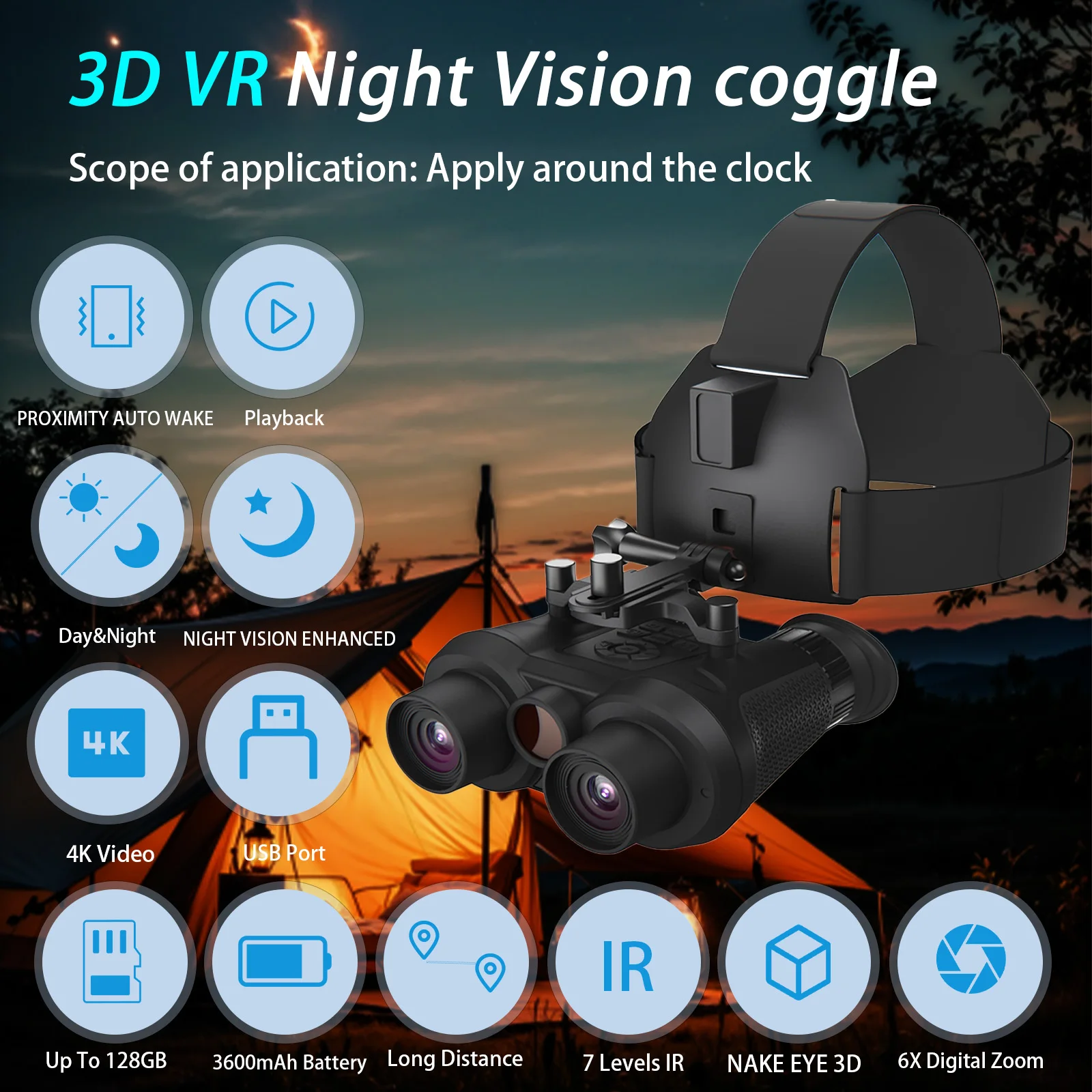 VRNV300 3D VR Night Vision Goggles Head Mounted 4K Video 6X Digital Zoom with Two 32GB TF Cards Rechargeable 2296FT Digital Infrared Night Vision Binoculars