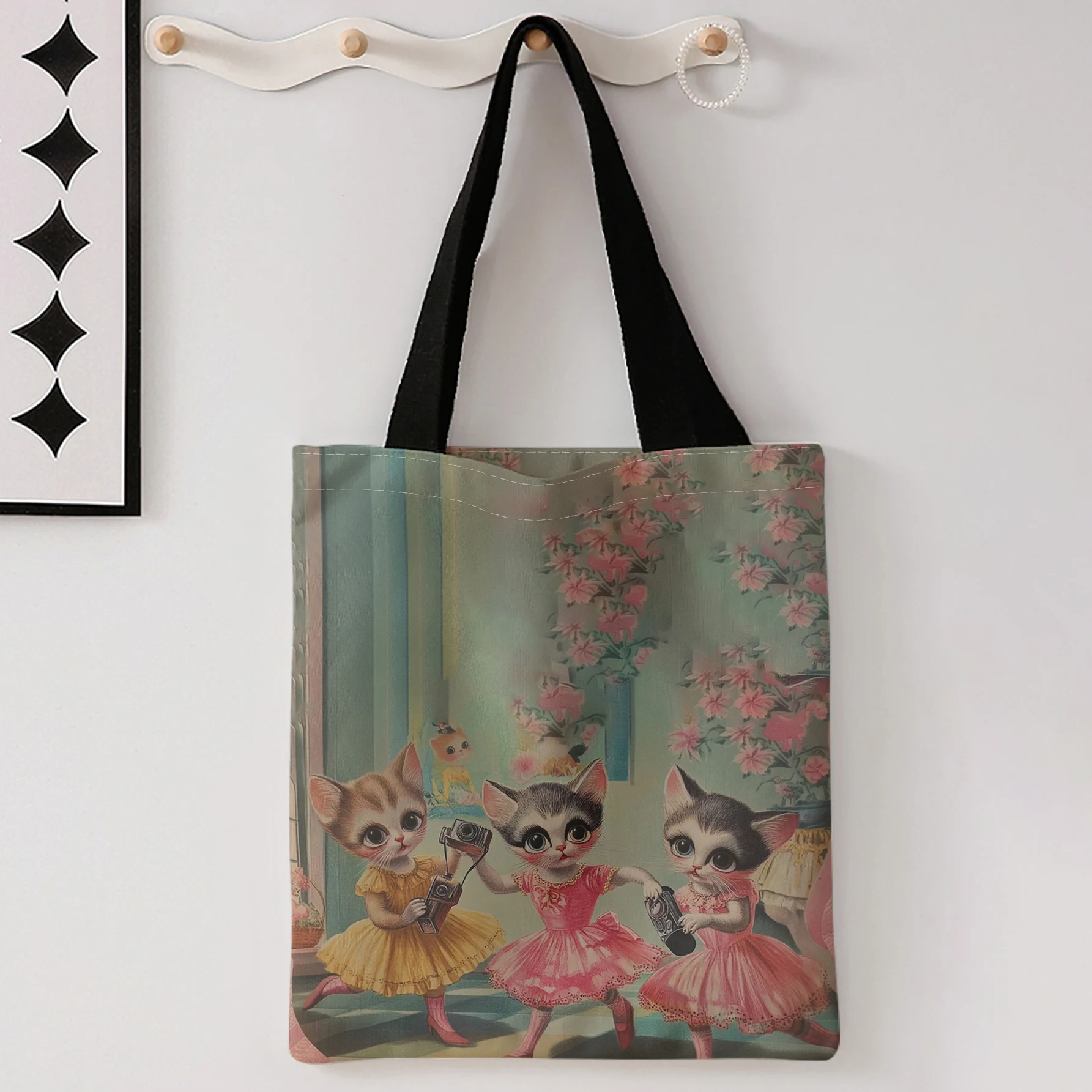 Ballet Kittens Print Tote Bag With Black Handles Large Shoulder Handbag For Shopping Daily Use