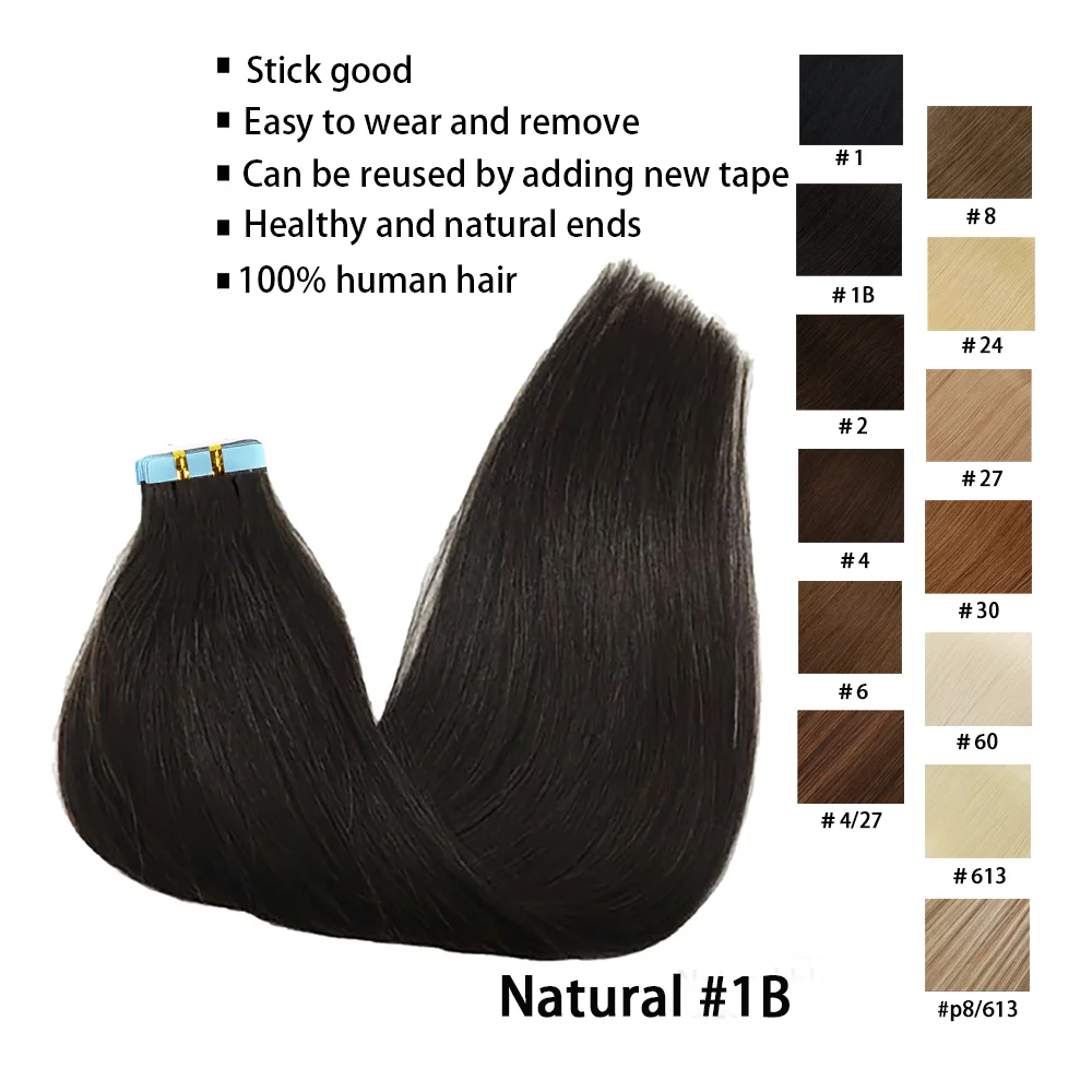 Tape In Human Hair Straight Extensions Color 1B 100% Remy Skin Weft Adhesive Glue On For Salon High Quality for Woman 16-26 Inch