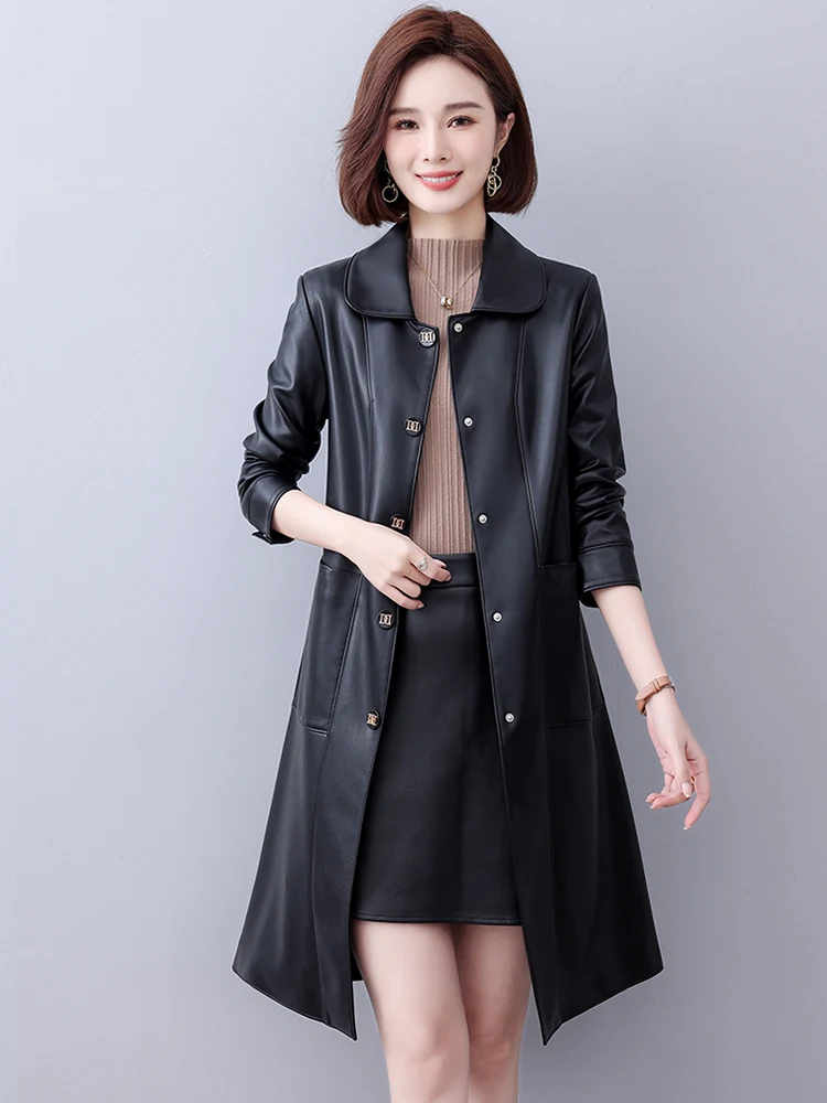 秋冬レディーススリムフィットロングシープスキンレザージャケットミッドレングスコートスリーカジュアルアウターウェア通気性ファッショナブル