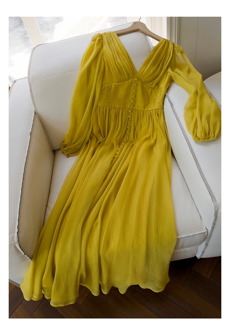 Lingzhi Wu M ustard Yellow Long Dress French Vintage Sexy Slim Waist Folds Laziness Elegant Top Quality Vestidos ExpansionBottom