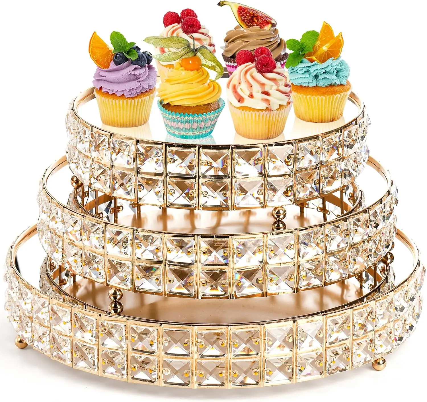 

3-Pack Crystal Mirror Cake Stand Set, 14" 12" 10" Gold Metal Pedestal with Shining Beads for Wedding Birthday Party
