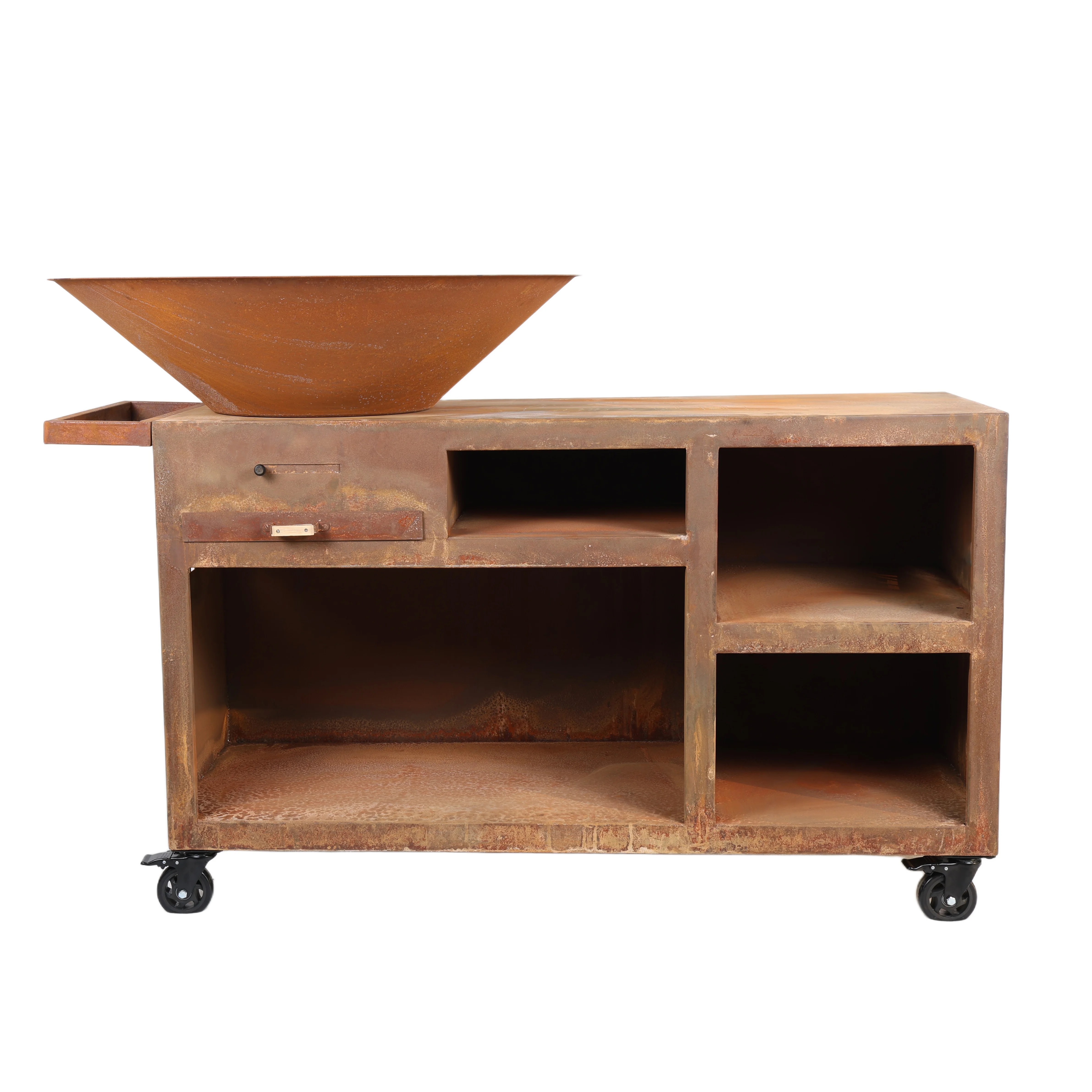 Wholesale Multi Function Outdoor Brazier BBQ Grill Rust Corten Steel With Wood Storage Cooking Plancha Griddle For Garden Patio