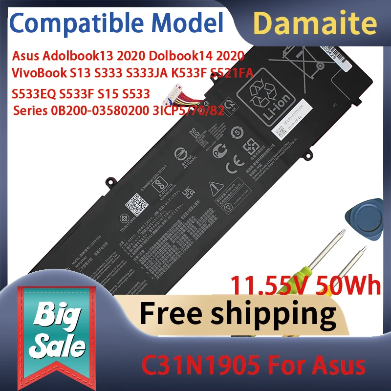 

Damaite 11.55V 50Wh C31N1905 Laptop Battery Compatible with Asus Adolbook13 2020 Dolbook14 2020 VivoBook S13 S333 S333JA K533F