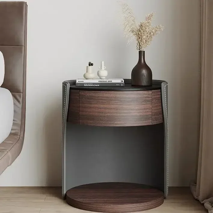 Semi-circular Design Rock Board Solid Wood Creative Light Luxury Bedside Table Small Bedroom High-end Leather Small Side Table