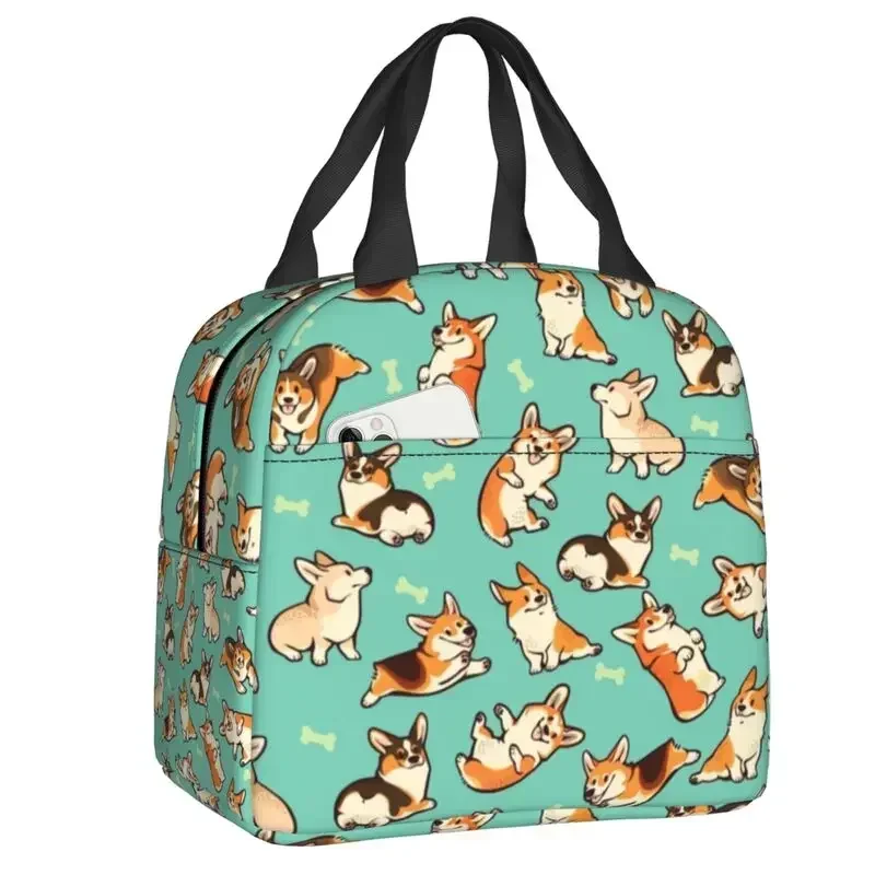 Jolly Corgis Dog In Green Resuable Lunch Box Women Waterproof Cooler Thermal Food Insulated  Bag School Children Student