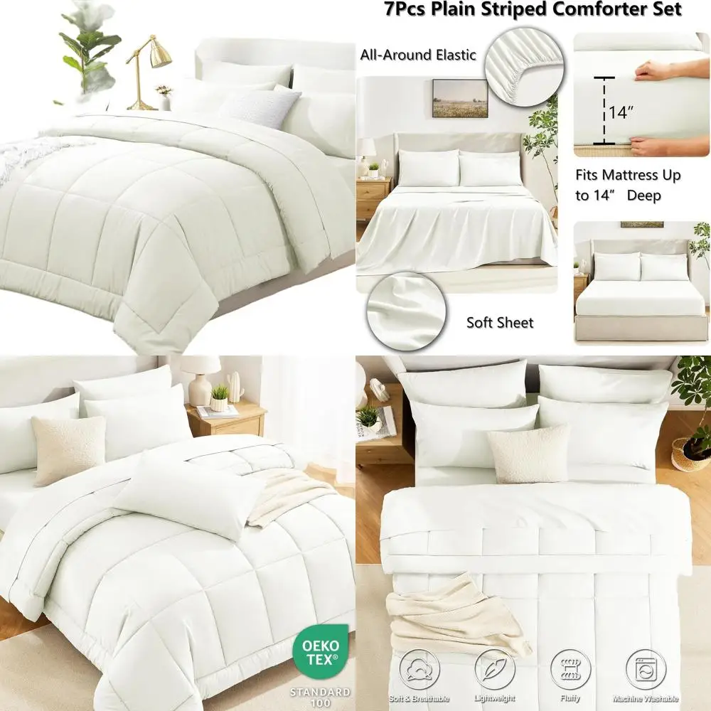 

Ivory 7-Piece King Bedding Set: Cream Off-White Comforter, Quilted All-Season, Includes Flat and Fitted Sheets, Pillowcases
