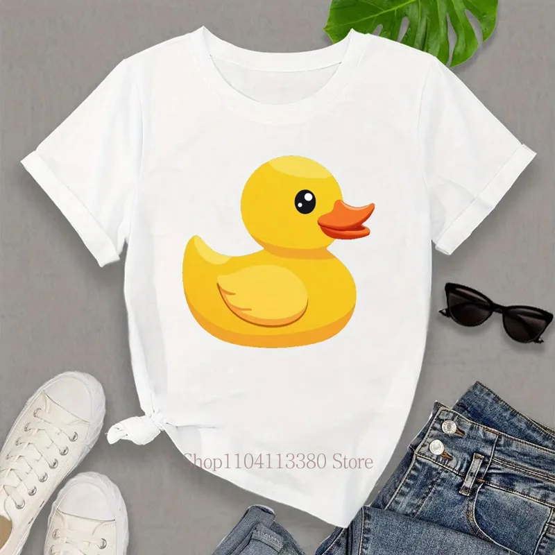 Yellow Rubber Duck Print T-shirt for Women Summer Causal Fashion Cute Funny Tops Comfort Crew Neck Short Sleeve Cotton Tees