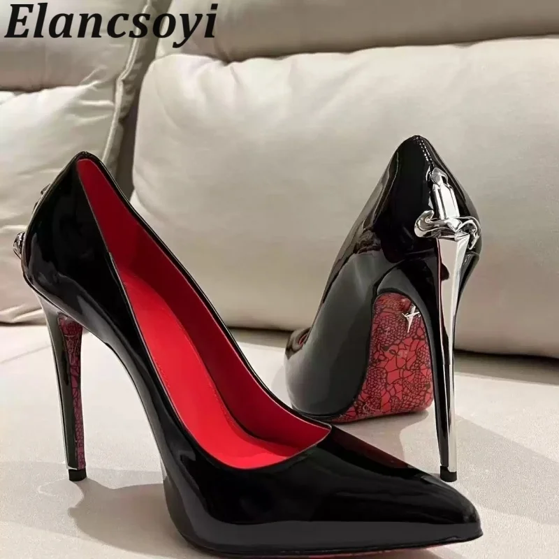 Single Shoes Women Shallow Mouth Pumps Genuine Leather Metal Pointed Toe High Heels Spring Autumn Sexy Party Runway Stiletto