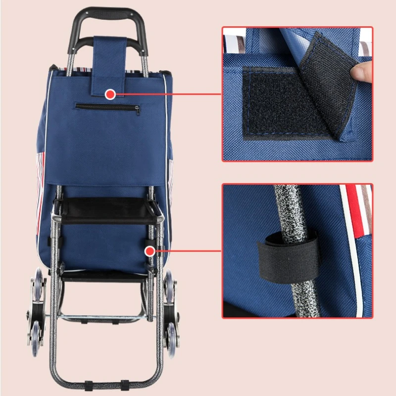 Salire le scale carrello della spesa con borsa impermeabile e sedia carrello per uso domestico con sedile, ruote del carrello con tirante con telaio