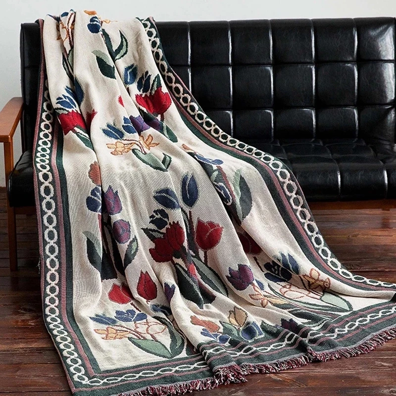 

Tulip Flowers Throw Blanket Vintage Sofa Covers Knitted Bedspread Floral Europe Style Outdoor Camping Travel Picnic Blankets