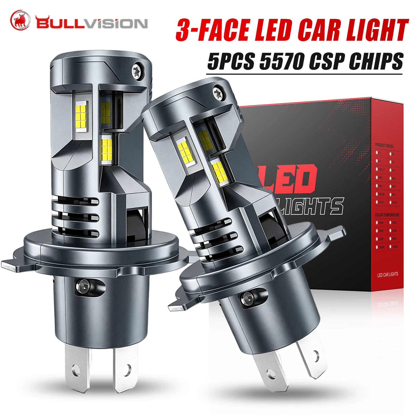 Bullvision 30000LM H4 LED Lights CANBUS 9003 HB2 LED Headlights Super Bright 3 Sides CSP with Fan Wireless Car Headlamp 6000K