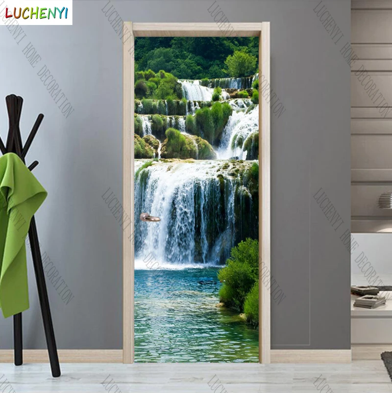 

Papel de parede waterfall trees flowing water beautiful landscape door sticker bedroom door wallpaper mural , home decoration