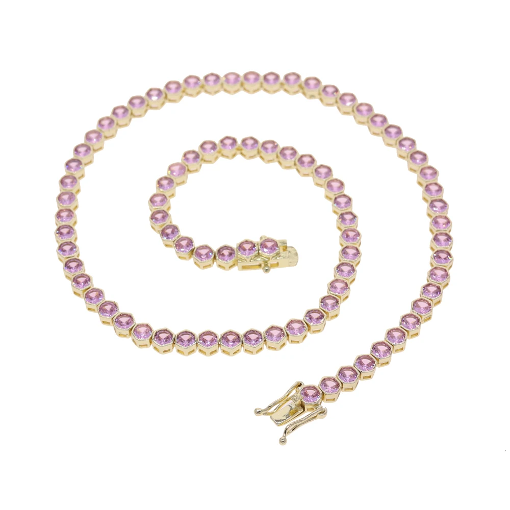 4MM Bezel Setted CZ Tennis Chain Geometric Choker Necklace For Women Iced Out Luxury Rainbow Pink White Stone Paved Jewelry