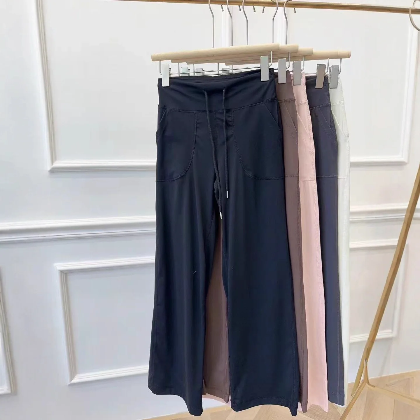 لولو ارتفاع الخصر ثنى بنطال ذو قصة أرجل واسعة المرأة الرباط مطاطا مستقيم قطع فضفاضة تناسب عادية بنطلون طويل 0875