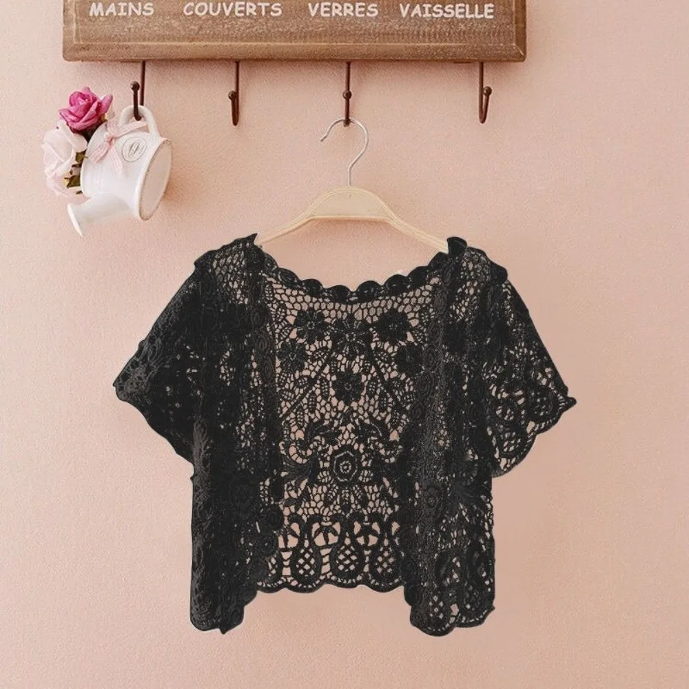 Black/White Bridal Summer Jacket Crop Style Open Front Lace Cape Short Sleeve Floral Pattern Short Sleeve Cardigan for Women