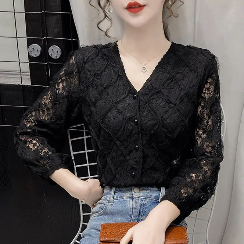 Vintage Elegant Chic Lace Korean Fashion Slim Sweet Tops Blouses for Women Casual V Neck Long Sleeve Solid Shirts Female Clothes